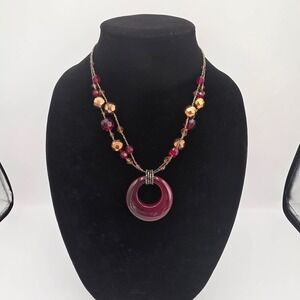 Lia Sophia Womens Red Gold Beaded‎ Pendant Necklace Charming Boho Party 22"